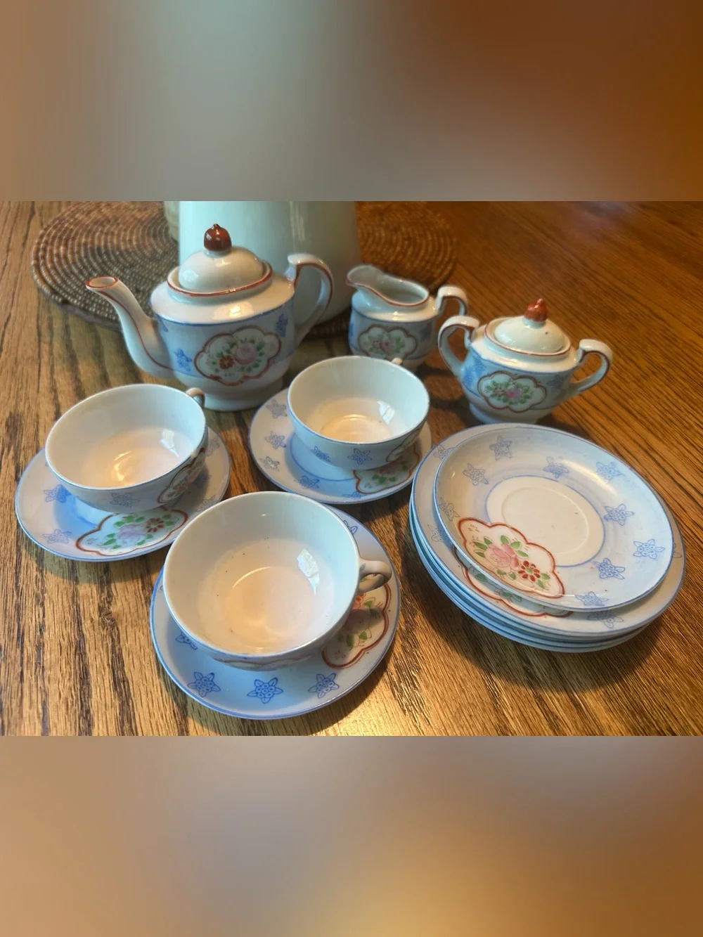 Vintage Japanese Porcelain Floral Tea Set - White with Pink & Blue Accents